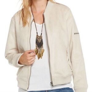 Chaser Faux Fur Faux Suede Beige Zip Up Bomber Jacket Size Small